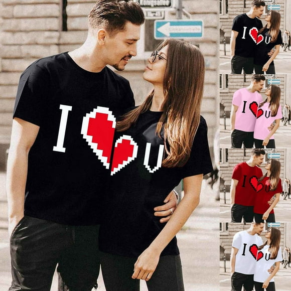 Short Sleeve Shirts For Couples Matching Valentine's Fashion Heart Print Loose Design Blouses Crew Neck T Shirt Comfy Soft His And Her Vacation Outfit Clothes Red S