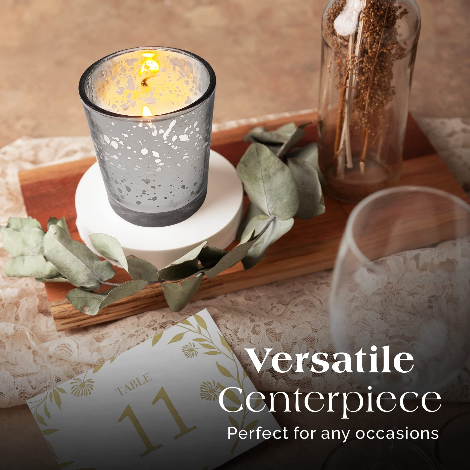 SLS SUPPLY FLORA - Mercury Glass Votive Candles Set of 48 - Small Candles in Candle Jars Decorative Candles for Wedding Favors Gifts or Home Decor Soy Wax, 8-10 Hour Burn Time - Silver