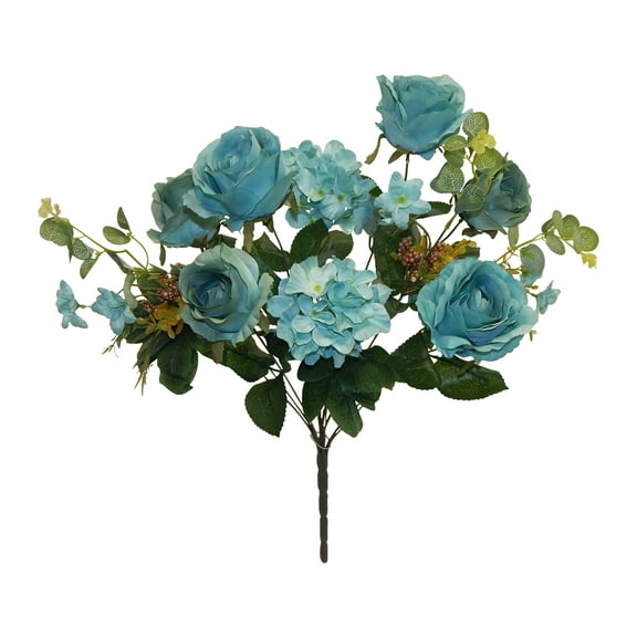 Blue Rose 21in Artificial Polysilk Faux Fake Flower Hydrangea Bush for Craft Home Garden Outdoor Bouquet Arrangement Ceremony Wedding Arch Floral Wall Aisle Decor (Blue, Set of 2)