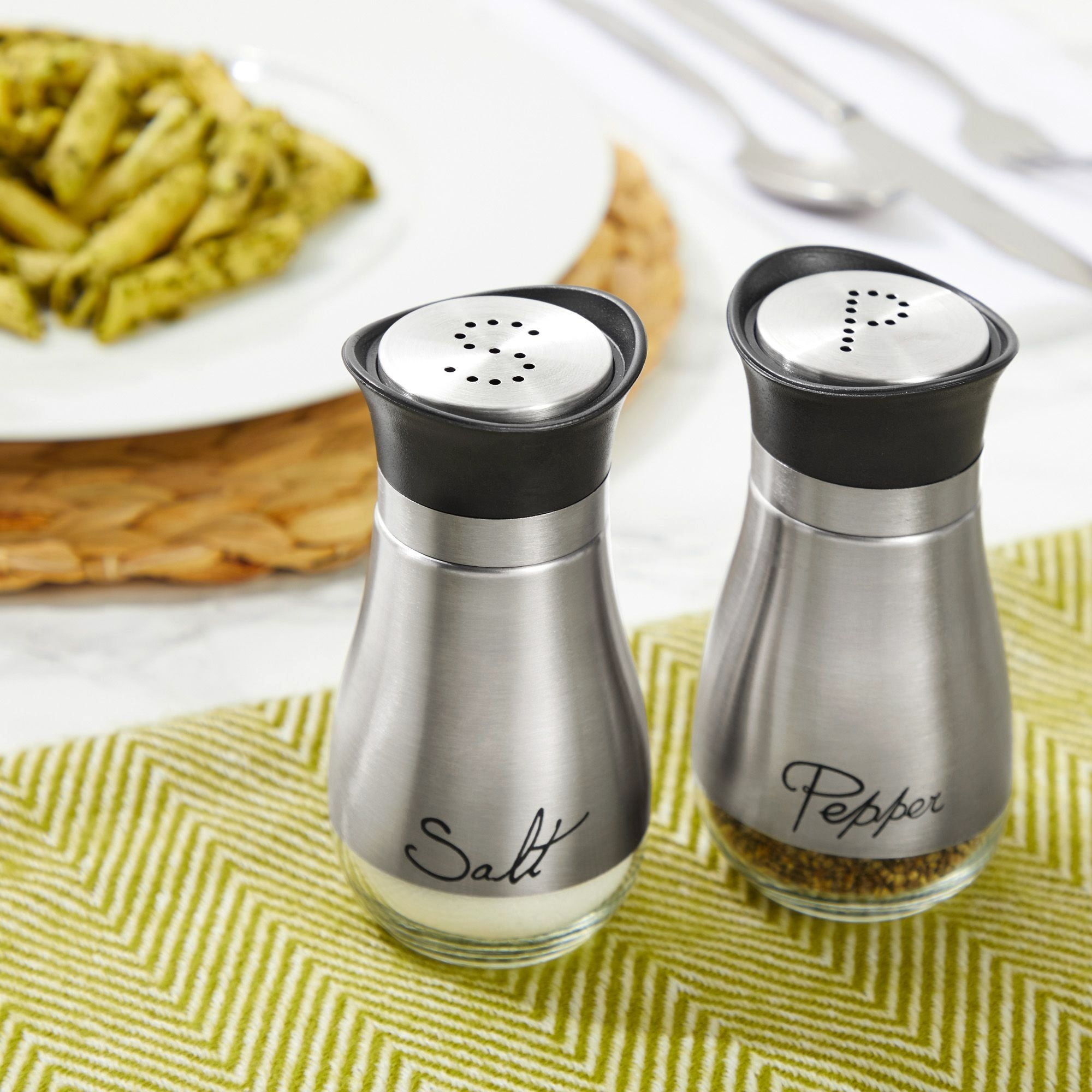 Stainless Steel Salt and Pepper Shaker Set with Glass Bottom, Perforated  S and P Caps - Modern Kitchen Counter Decor (4oz) 