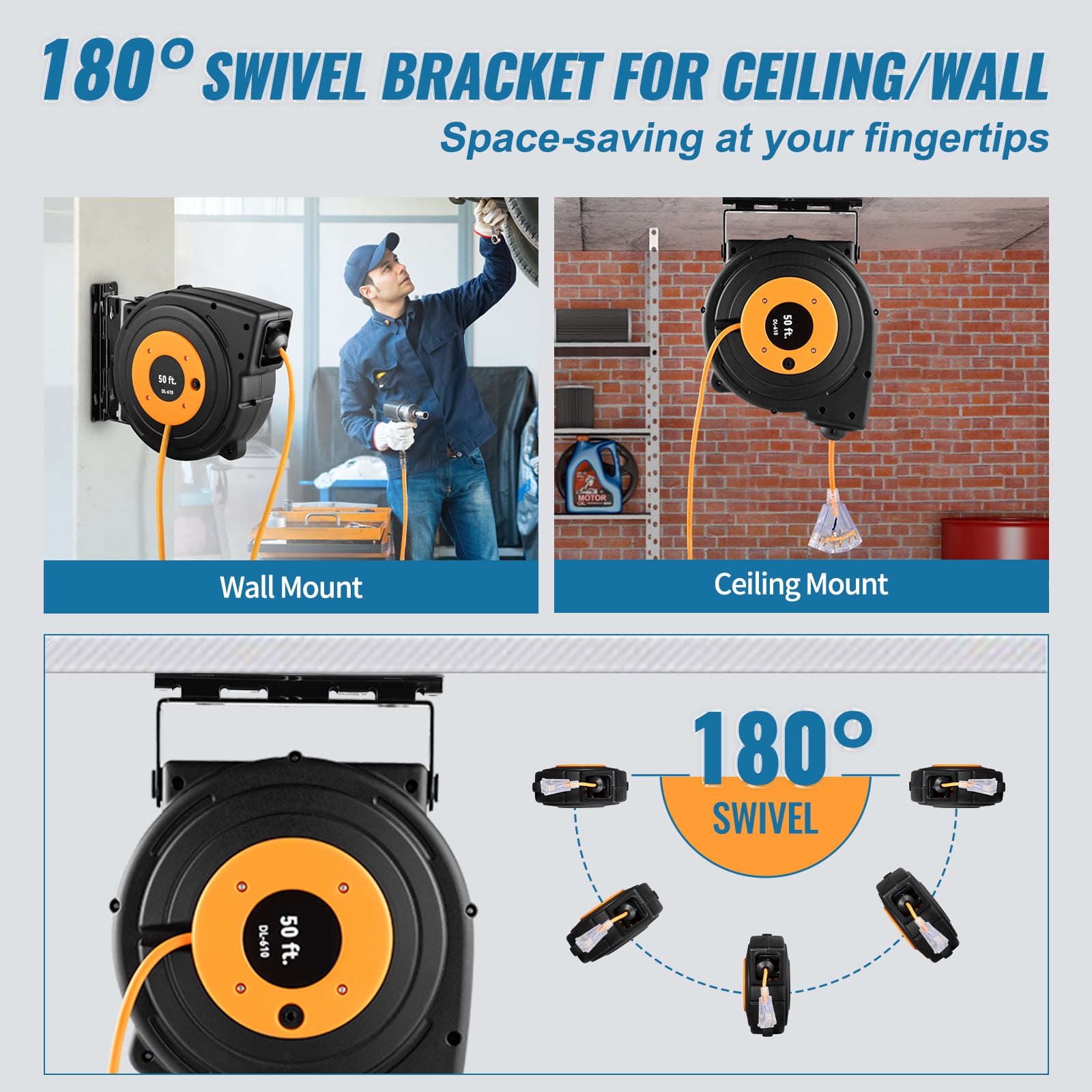 KFFKFF 14 Gauge Extension Cord Reel, 50 ft Retractable Extension Cord, 14 AWG/3C SJTOW Cable with Illuminated Triple Tap Socket, 13 Amp Circuit Breaker, 180° Pivoting Bracket for Overhead