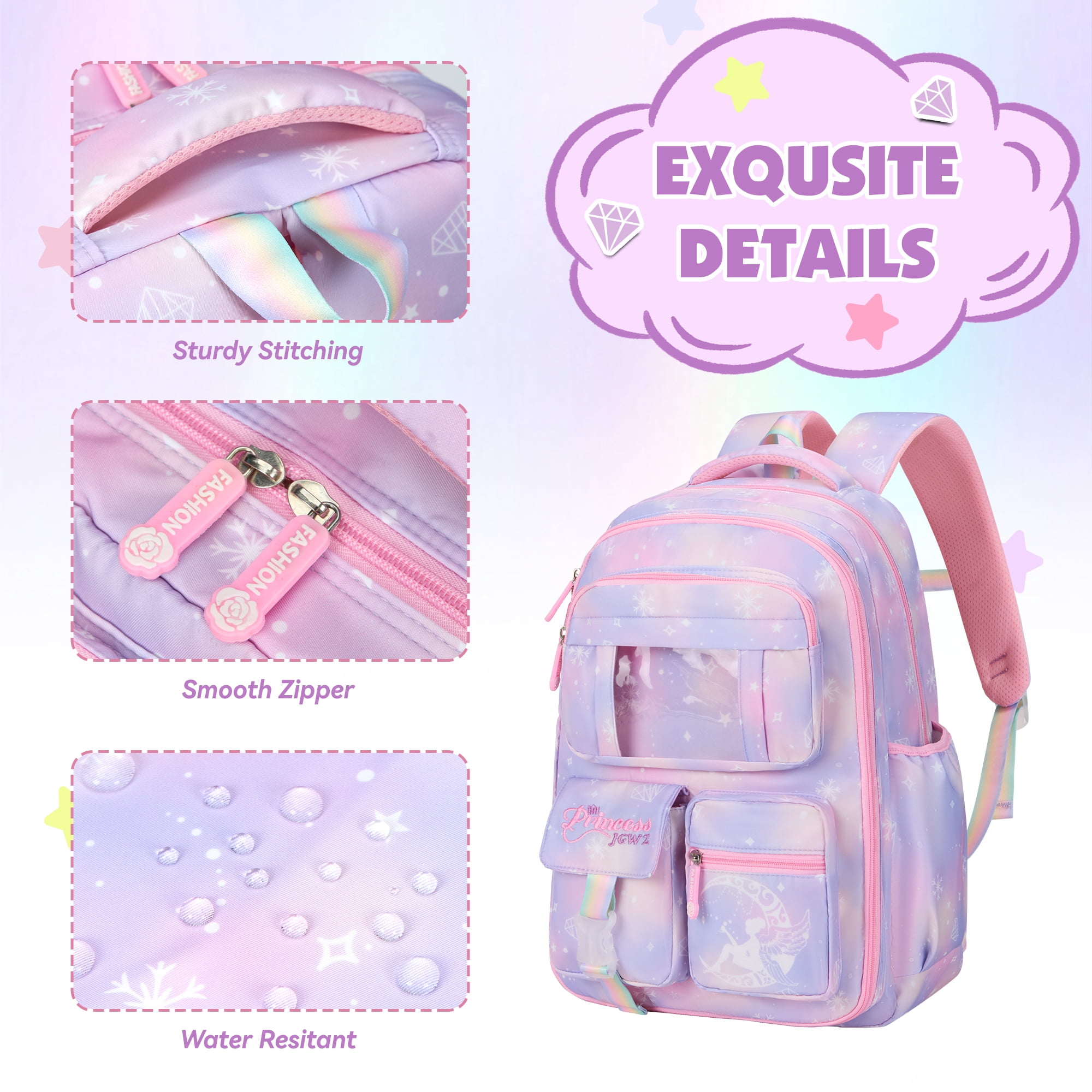 DAKIMOE School Backpack Book Bags Primary Middle School Bags for Kids Girls Teens Back to School Large Bookbags with Multi Pocket for 7-14 Years Purple