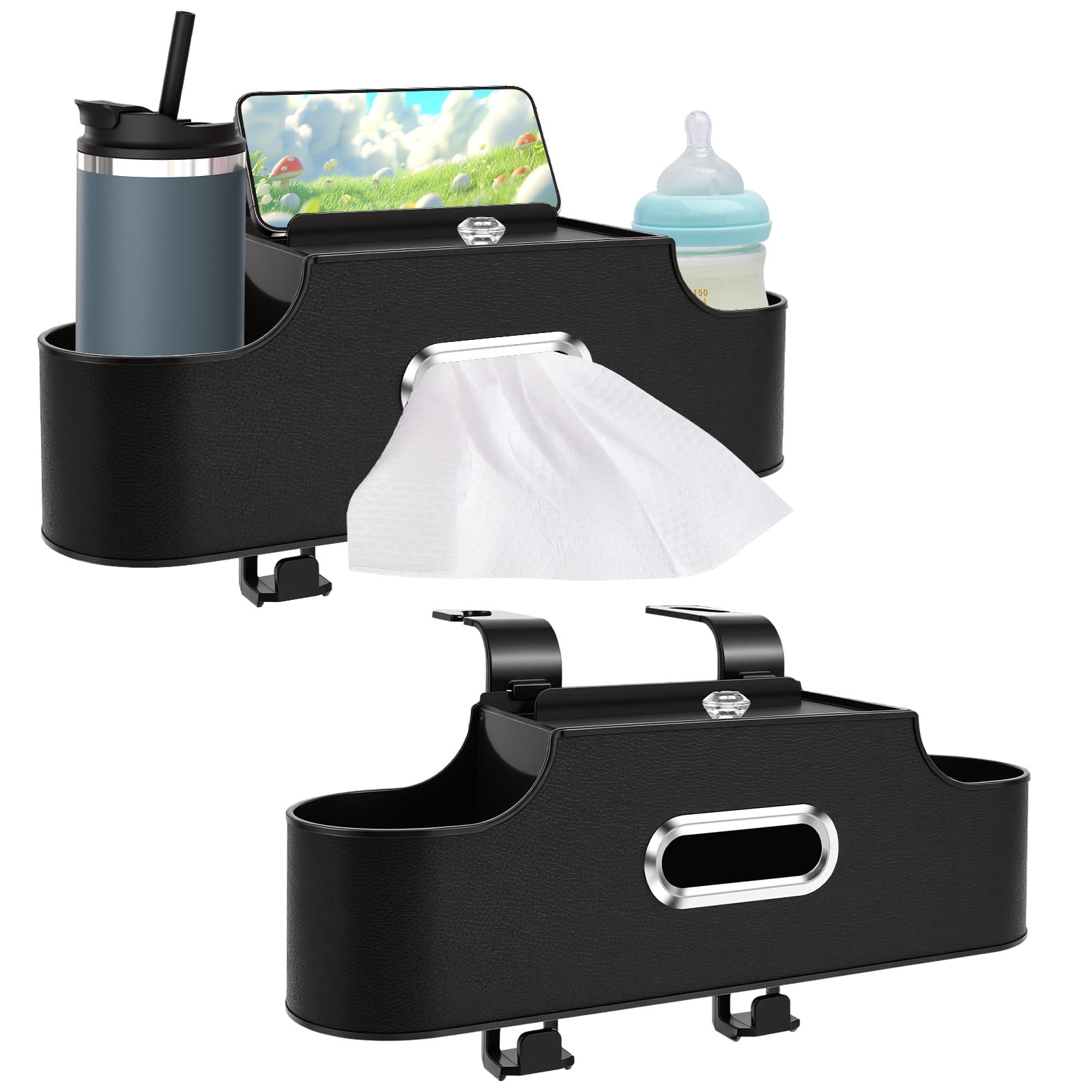 2Pcs Car Headrest Back Seat Organizer Multifunctional Vehicle Backseat Tissue Cup Holder with Hook for Most SUV MPV Pickup Truck