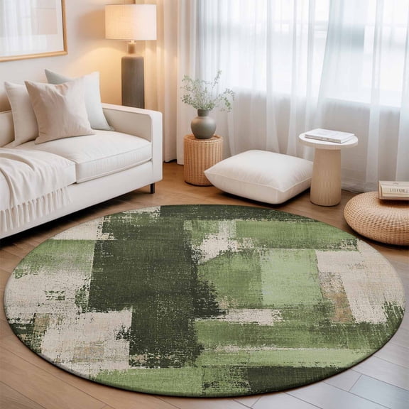 Moss Green Round Living Room Rugs 8 ft, Cream Freen Color Block Patchwork Abstract Splatter Style Washable Large Area Rug with Non-Slip Sturdy Edge Binding Round Carpet for Dining Room Kitchen Office