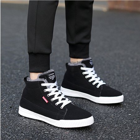 Pure Color Men's Winter Plush Fur Warm Sneaker High Top Ankle Boot Snow Lace Up Shoes