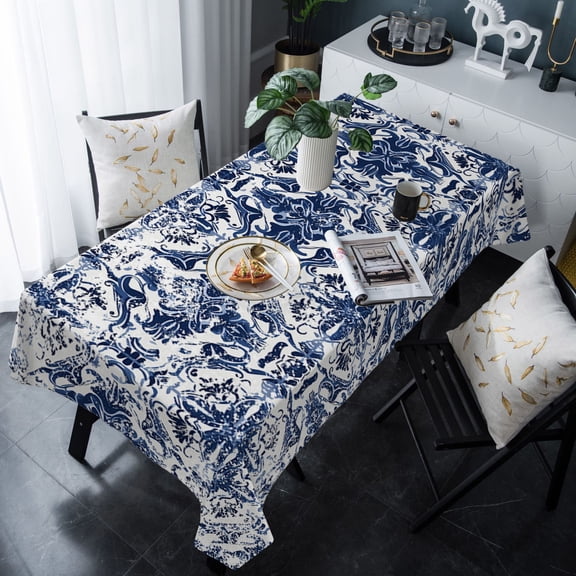 Navy Blue Boho Tablecloth Rectangle Table Cloths 54x108 , Waterproof Tablecloth Outdoor Table Cloth, Ehtnic Abstract Art Modern Geometric Washable Table Cover for Kitchen Dining Party