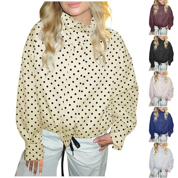 jobturf Jackets for Women Trendy Drawstring Polka Dots Cropped Coat Winter Loose Casual Outerwear Lightweight Full Zip Up Sweatshirt Fall Outfits