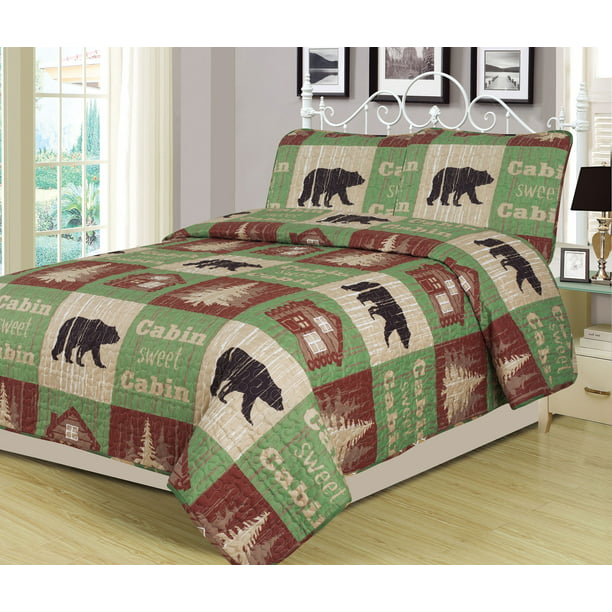 Full Queen Size Log Cabin Bear Quilt Set Country Rustic Lodge