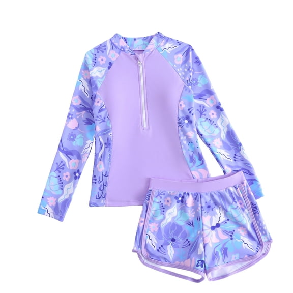 CAIVO Little Girls Rash Guard Swimsuit Long Sleeve Zipper Crewneck Top And Shorts Floral Print Two Piece Swimwear Sets Lightweight Young Children Bathing Suit