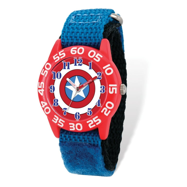 Avengers Assemble Captain America Boys Red Plastic Time Teacher Watch Blue Hook and Loop Nylon Strap with Black Backing Walmart