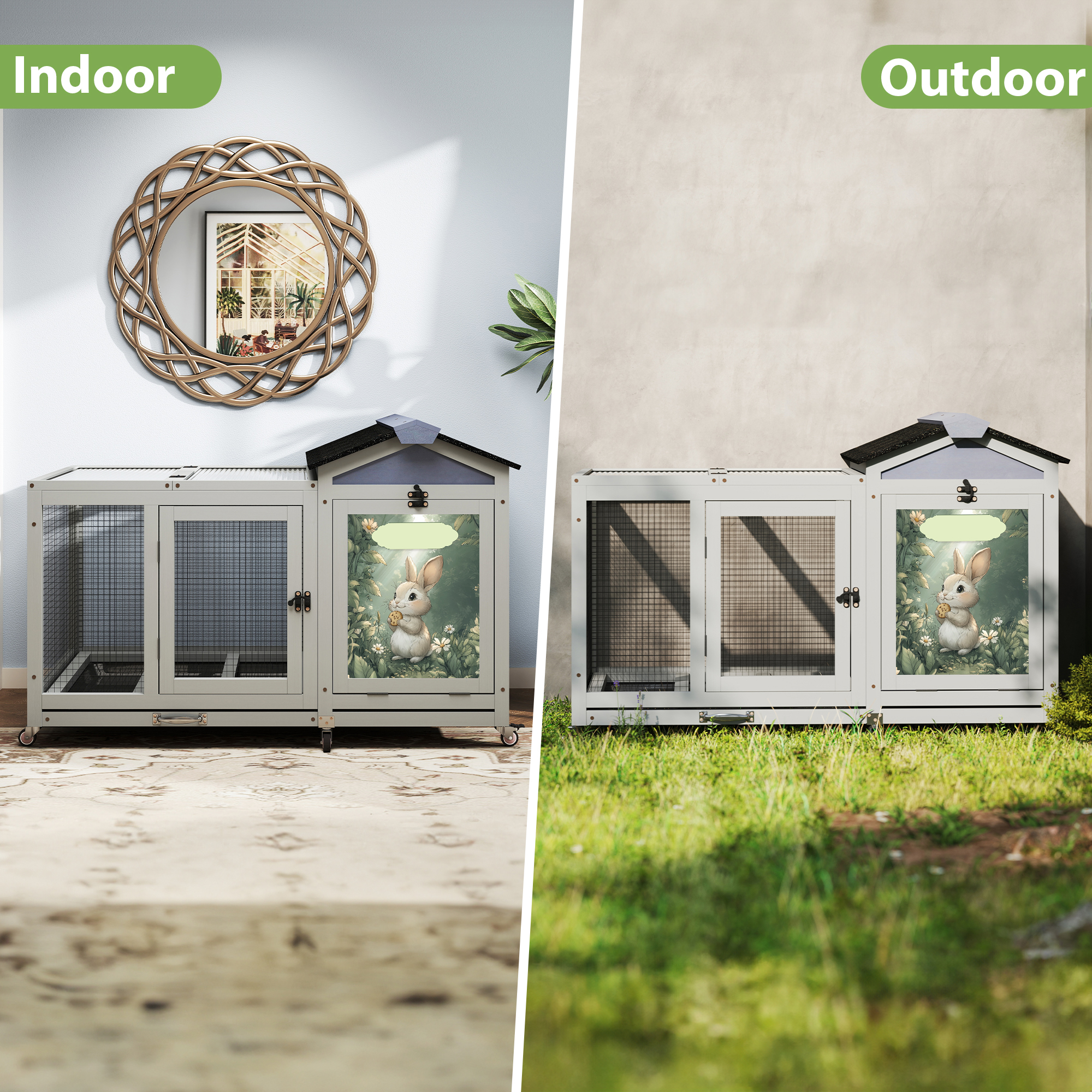 39.5inches Assembled Wood Rabbit Hutch Indoor，Wide Space Small Animal Houses Habitats with Removable Tray&Safety Lock，Bunny Cage with Waterproof Roof&Solar Panels (Grey)