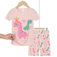 thumbnail image 3 of QEFJNO 3-9Y Toddler Girls 2-Piece Viscose Pajamas Set Rib Knit Tee and Shorts Kids Sleepwear Dinosaur Summer Pjs Set, 3 of 7