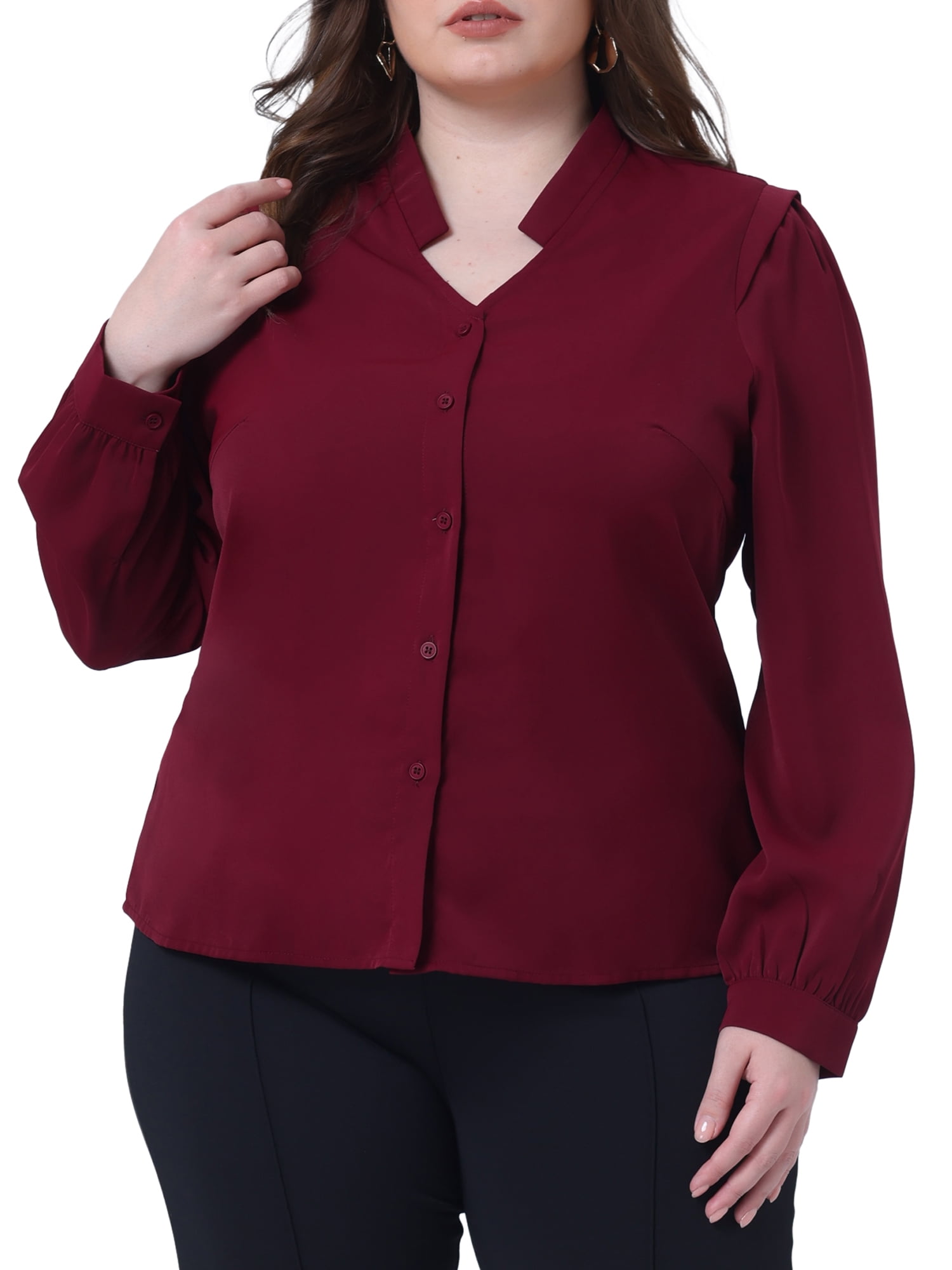 DARING DIVA Women's Plus Size Button Up Notch V Neck Long Sleeve Blouses 4X Burgundy