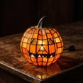 thumbnail image 6 of 2PC Tiffany Style Large Resin Jack O Lantern Lamp, Halloween LED Light Up Resin Pumpkin Lantern, 4.7" Stained Glass Pumpkin Accent Night Light, Fall Thanksgiving Indoor Room Window Tabletop Decor, 6 of 15