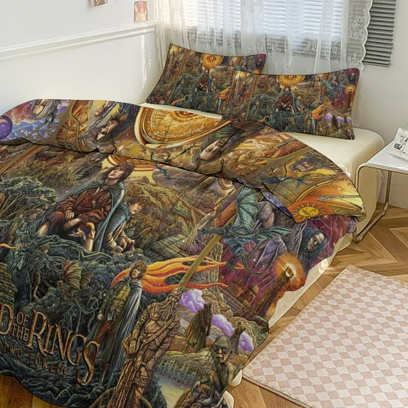Lord of the Rings Duvet Covers Pillowcases 3 Piece Set 90"x90",The Two Towers Bedding Queen Size Family Bedrooms Decor Gifts All-Season