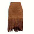 thumbnail image 3 of MORTTIC Women's Solid Color Asymmetrical Hem Fringe Skirt, Western Denim Style Boho Midi Skirt Brown，S, 3 of 8