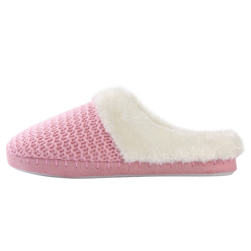 Women's Cozy Woven Knit Soft Plush Slippers with No-Slip Rubber Sole For Indoor, Outdoor, Spa Use (Pink)