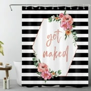 HVEST Black and White Striped Shower Curtain for Bathroom Pink Floral and Eucalyptus Leaf Country Plant Bathroom Shower Curtains with Hooks, Get Naked Bathroom Curtains Shower Set 60x72 inch