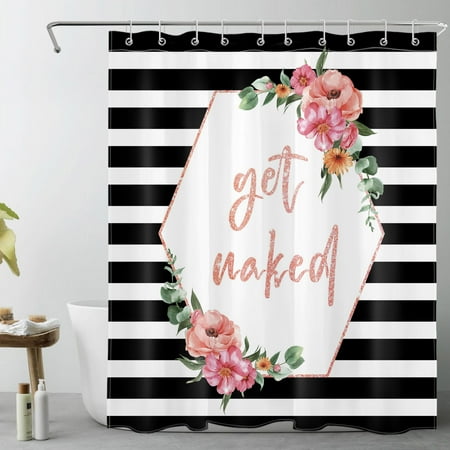 HVEST Black and White Striped Shower Curtain for Bathroom Pink Floral and Eucalyptus Leaf Country Plant Bathroom Shower Curtains with Hooks, Get Naked Bathroom Curtains Shower Set 60x72 inch