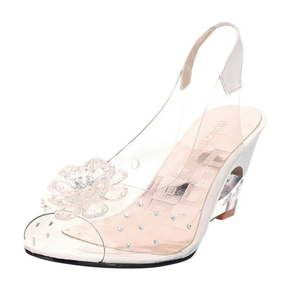 IUJSOY Womens Sandals Clear Wedges Heels Peep Toe Flower Rhinestone Slingback Sandals Pumps