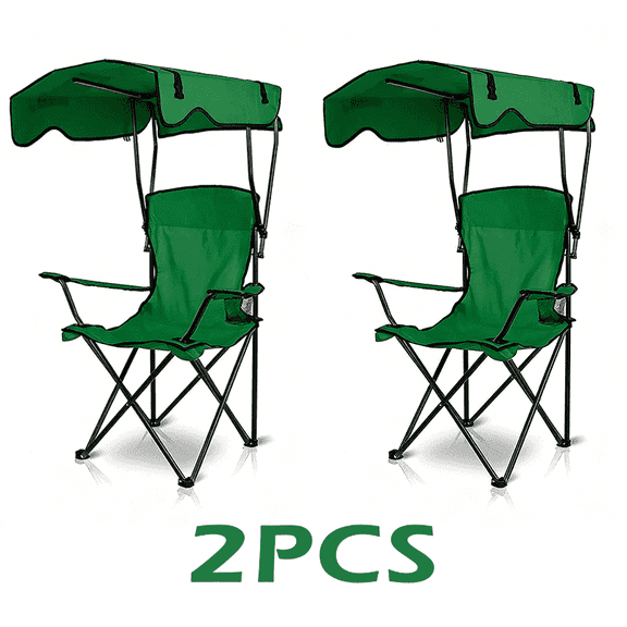 2pcs Camping Chair With Canopy, Outdoor Folding Lounge Chair With Adjustable UPF 50 Sun Shade & Cup Holder, Portable Camping Recliner For Camp Beach Outdoor Sports Sketching
