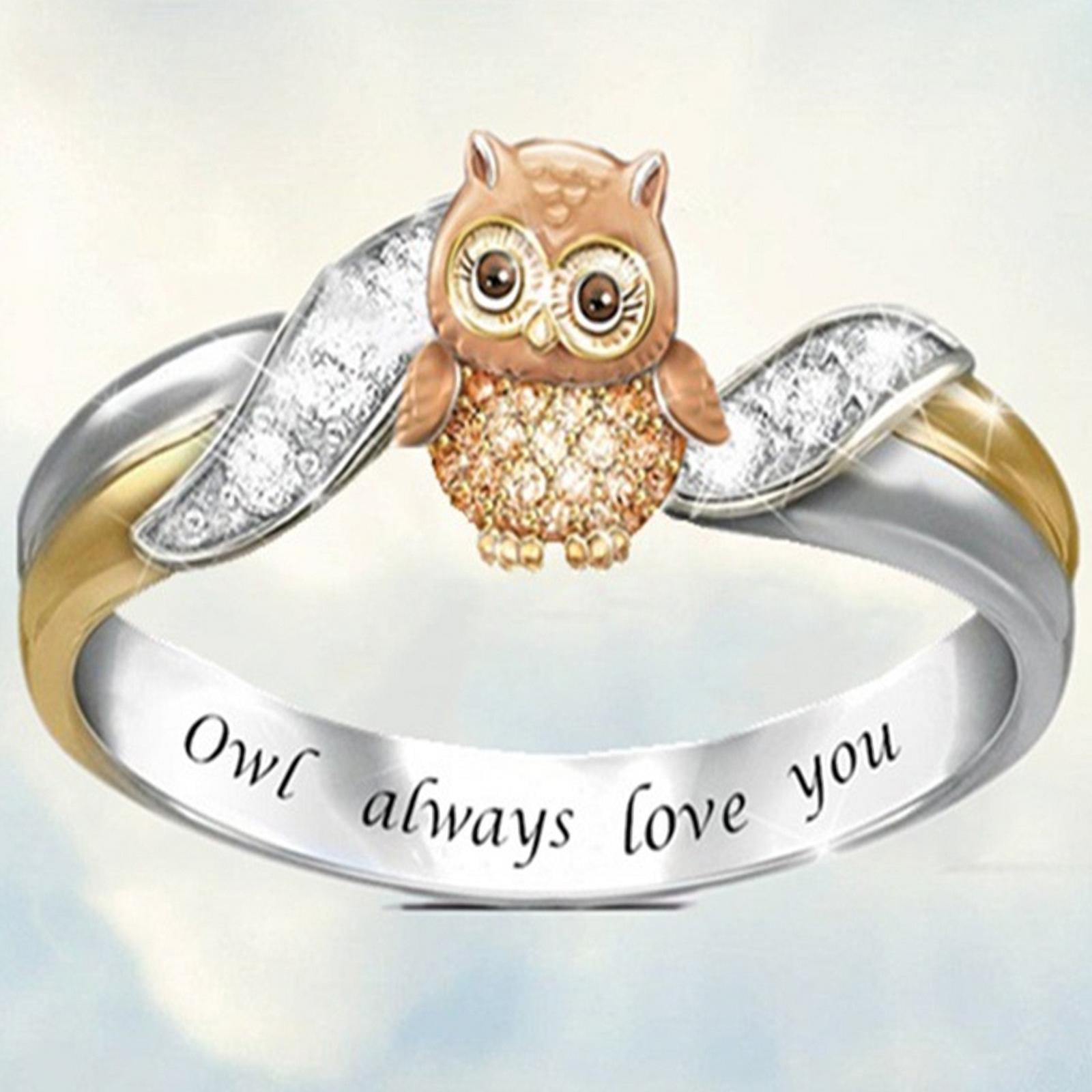 Animals Shape Rhinestone Hollow Ring Owl Statement Ring Engraved I Love You Cartoon Creative Love Jewelry for Her Women Rose Gold Owl Ring