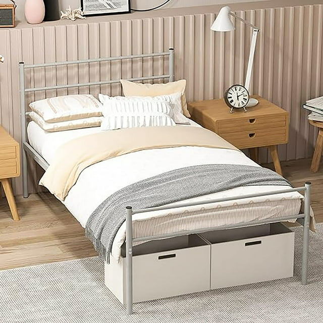 Gymax Base de Lit en Métal Format Simple Plateforme pour Matelas avec Tête de Lit Argent