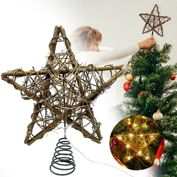 XJGHHSY Rustic Rattan Christmas Tree Star Topper with LED Lights, Farmhouse Christmas Tree Toppers Decoration, 10 inch,Brown