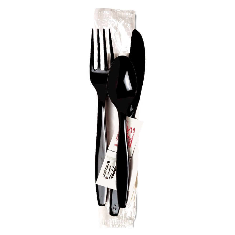 Wrapped Tableware/Napkin Packets, Fork/Knife/Spoon/Napkin, Black, 250