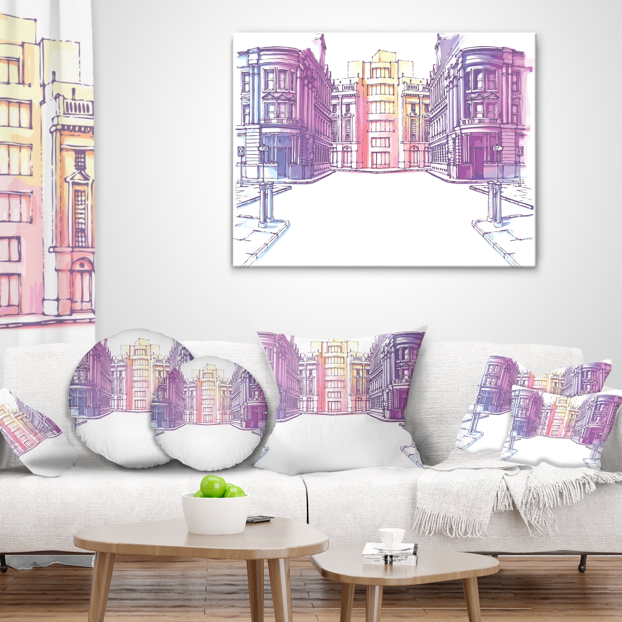 Designart Old City Street - Cityscape Painting Throw Pillow - 16x16