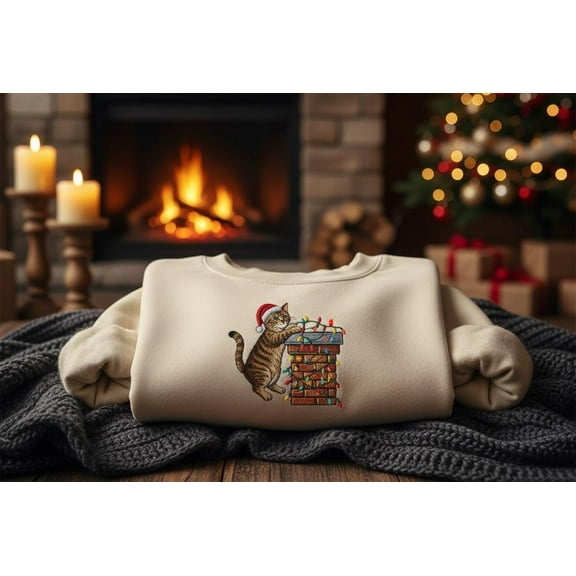 Christmas Cat Embroidered Sweatshirt, Cute Holiday Cat Lover Crewneck, Cozy Winter Gift for Pet Lovers