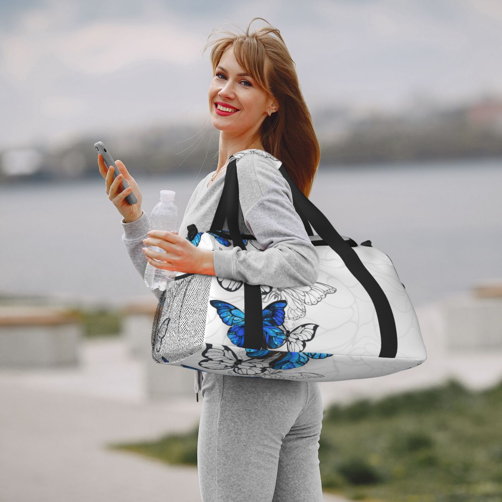 Defioc Blue Flying Butterflies Print Hand Travel Bag - Foldable Travel Duffel Bags for Men Women -Sport Gym Bag - Overnight Travel Duffel Bag - Adjustable Shoulder Strap