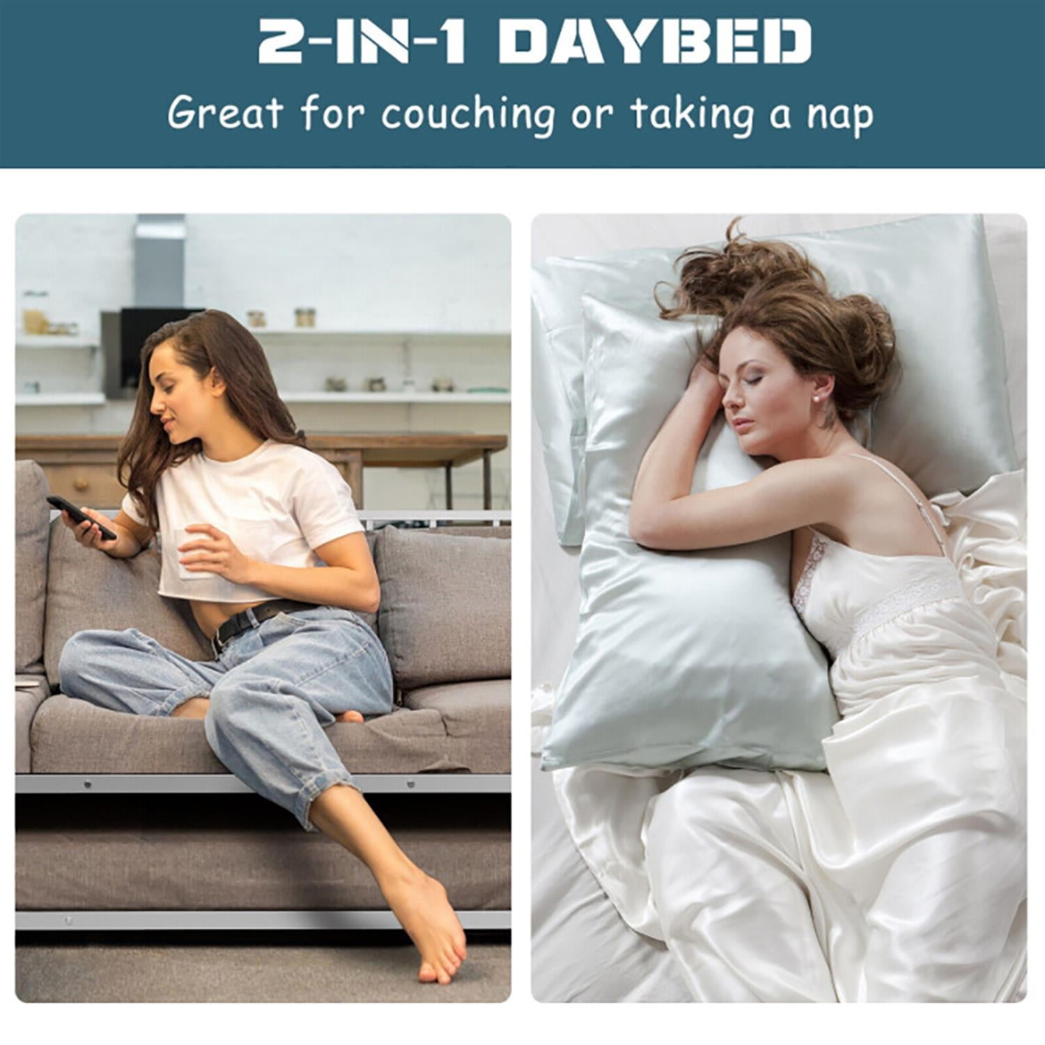 Demi Bonn Twin Size Daybed and Trundle Frame Set Trundle Bedframe, Modern Bed Frame for Teens, Silver