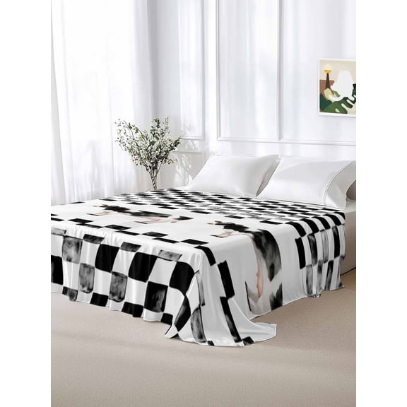California King Size Flat Sheet Only,Farmhouse Soft Top Bed Sheets Breathable Bedding Sheet Black White Buffalo Plaid Microfiber Hotel Luxury Top Sheets