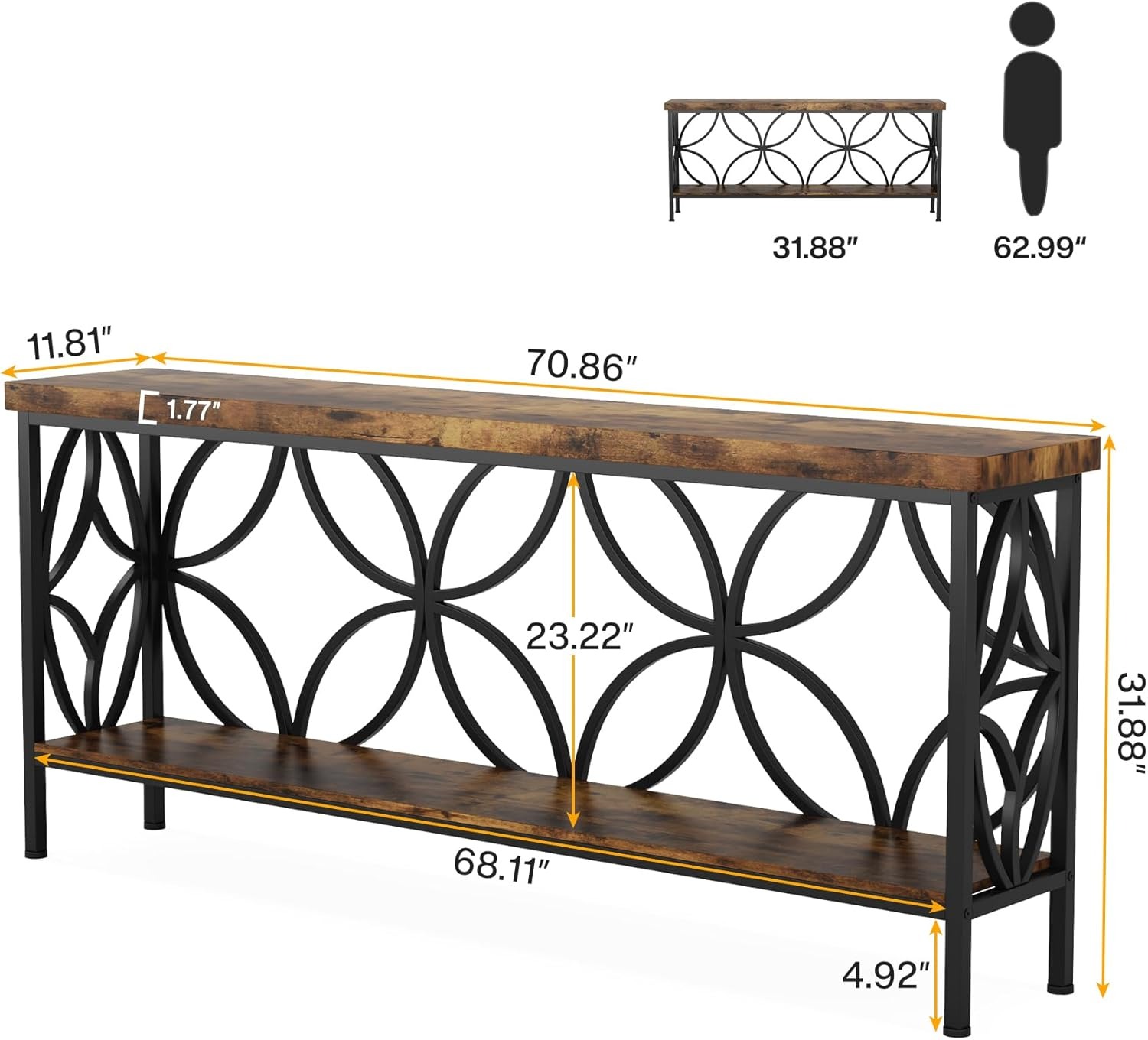 70.9-Inch Extra Long Narrow Sofa Table, Industrial Console Table Behind Couch With 2-Tier Storage, 198LBS Per Shelf, Slim Entry Table For Living Room, Foyer, Hallway