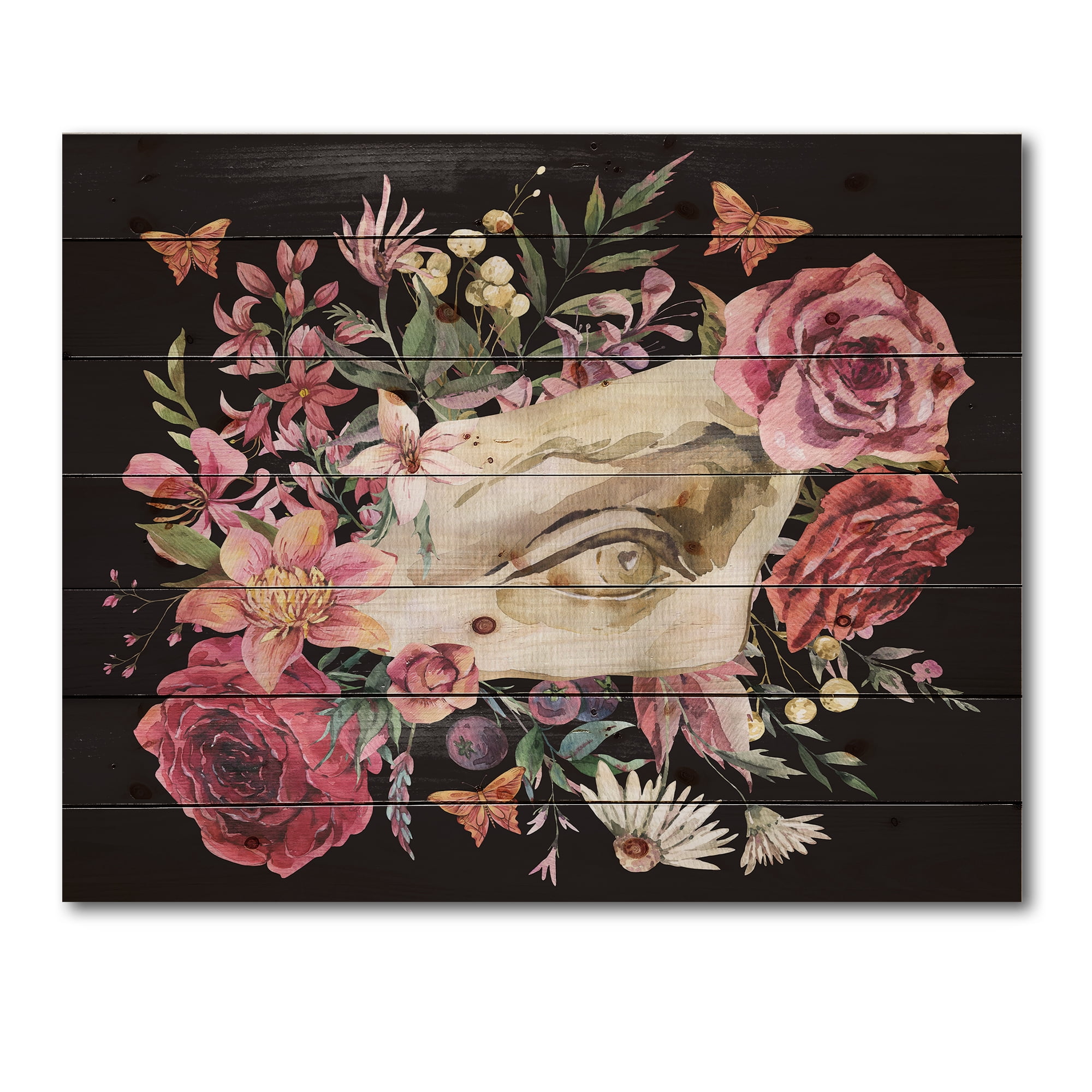 Designart 'Dried Wildflowers With Greek Sculpture David Eye' Farmhouse Print on Natural Pine Wood
