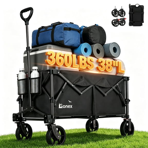 Gonex Portable Collapsible Wagon Cart, 220lbs with All-Terrain Wheels, 38" Foldable Beach Camping Shopping Garden Cart, Black