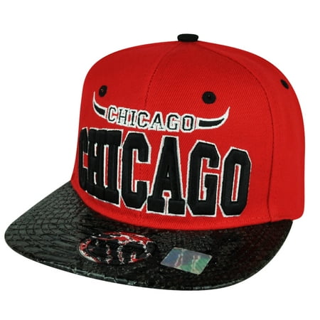 Chi Town City Chicago Faux Snake Skin Red Black Flat Bill Snapback Hat Cap (Best Chicago Bulls Hats)