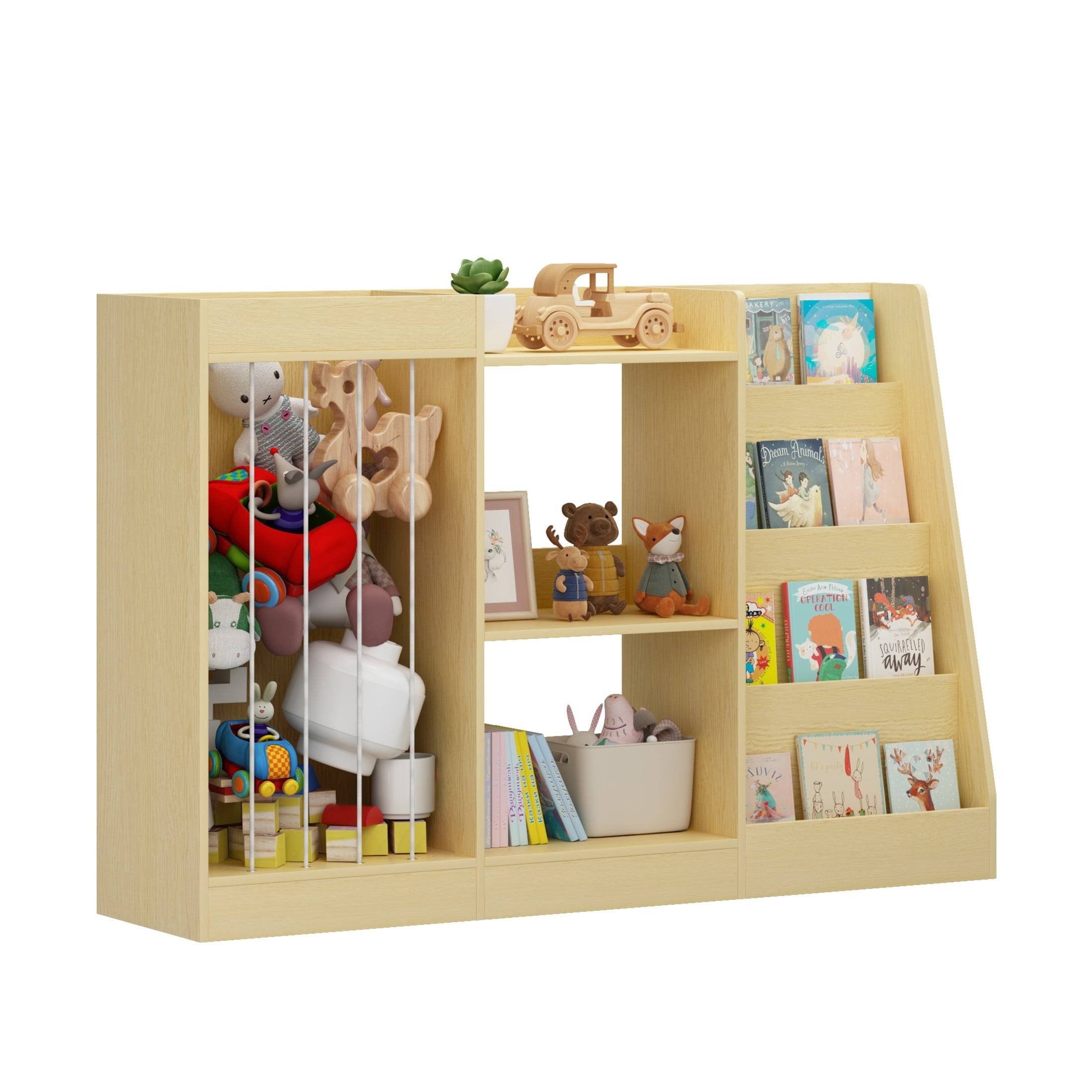 Noble House Aldo Kids 4-Tier Montessori Bookshelf & Toy Organizer, 3-in-1 Baby Storage Bookcase, Natural