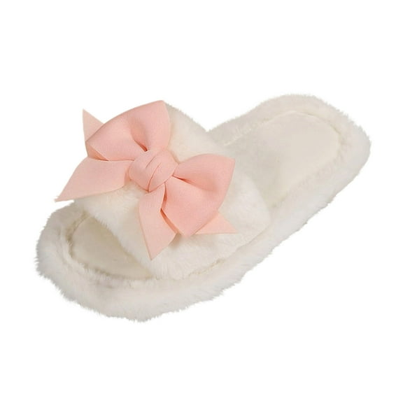 Xfvqtps Women Fluffy Slippers Cute Bow Decor Open Toe Non-Slip Warm Comfortable Winter Indoor Home Plush Slippers White