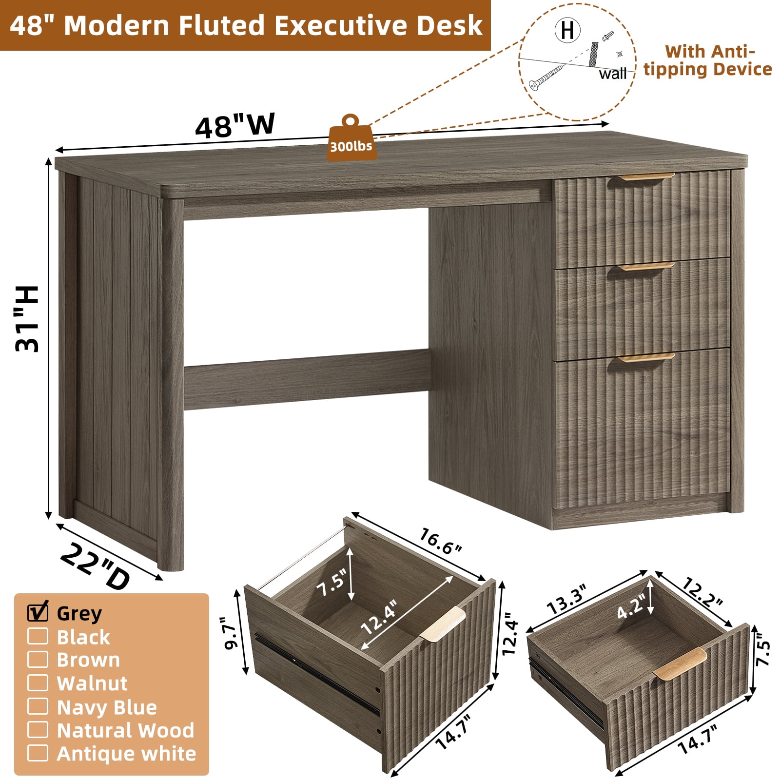 Leyaoyao 48" Fluted Computer Desk with 3 Drawers & Metal Handles, Modern Executive Desk, Writing Desk for Home Office Bedroom, Grey Oak