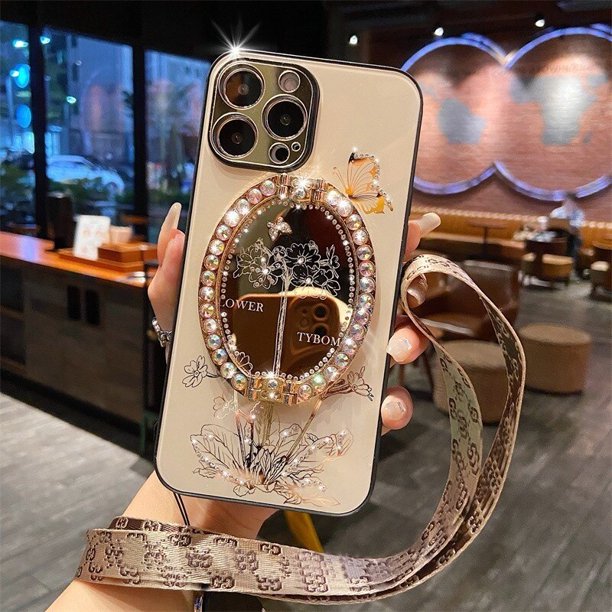 Funda de lujo con soporte plegable para iPhone, carcasa con purpurina, diamante, mariposa, espejo, perla, 11, 12, 13, 14 Pro Max, 14Plus Fivean unisex