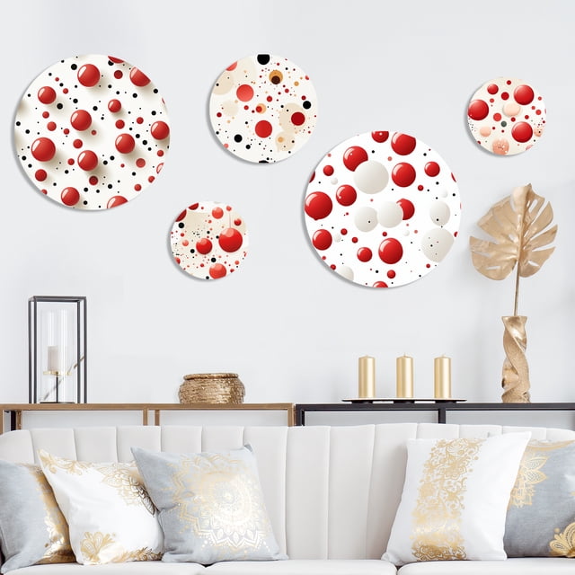 Designart "Points Rouges et Blancs Classiques" Ensemble d'Art Mural Moderne en Métal de 5 - Ensemble d'Art en Métal Rouge pour Chambre