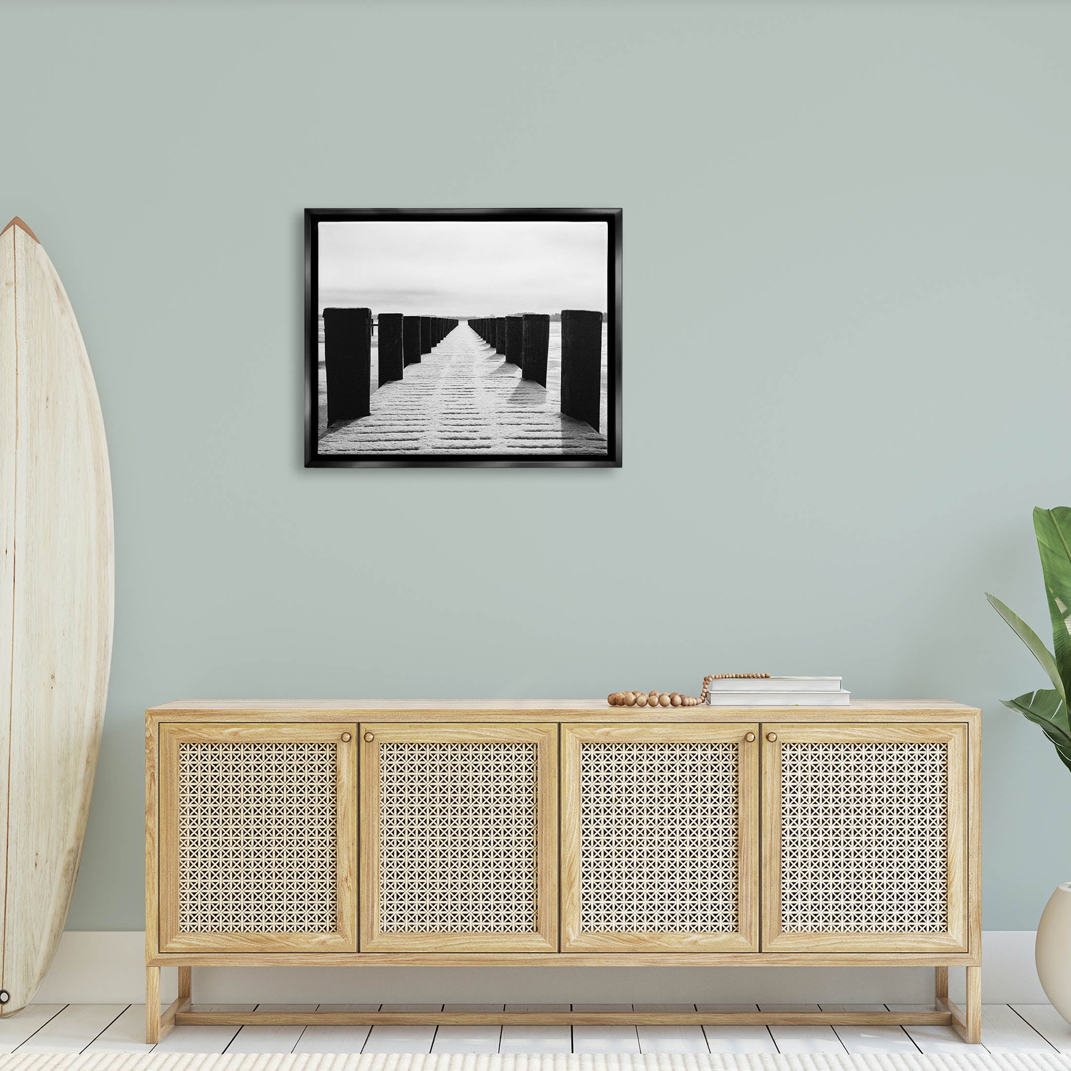 Stupell Industries Winter Dock Snowy Beach Photograph Jet Black Floating Framed Canvas Print Wall Art, Design by Aledanda