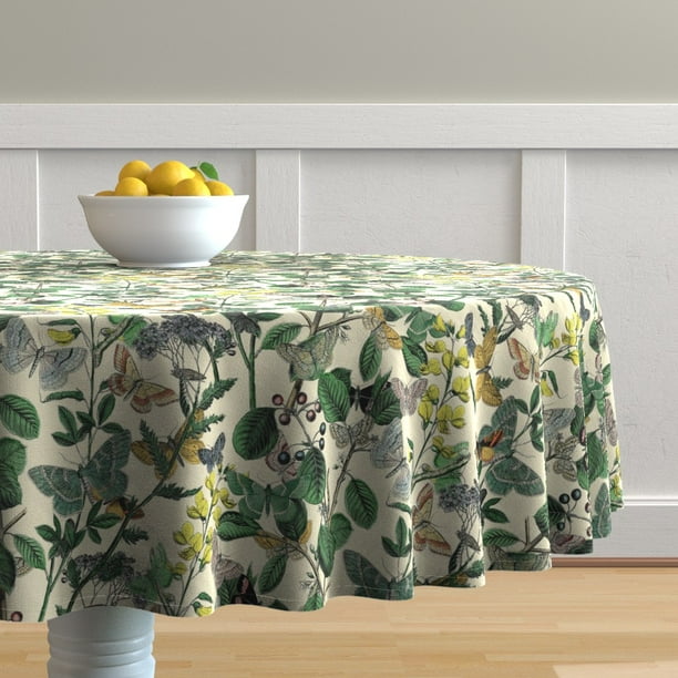 Round Tablecloth Butterfly Green Floral Garden Botanical Flower Cotton