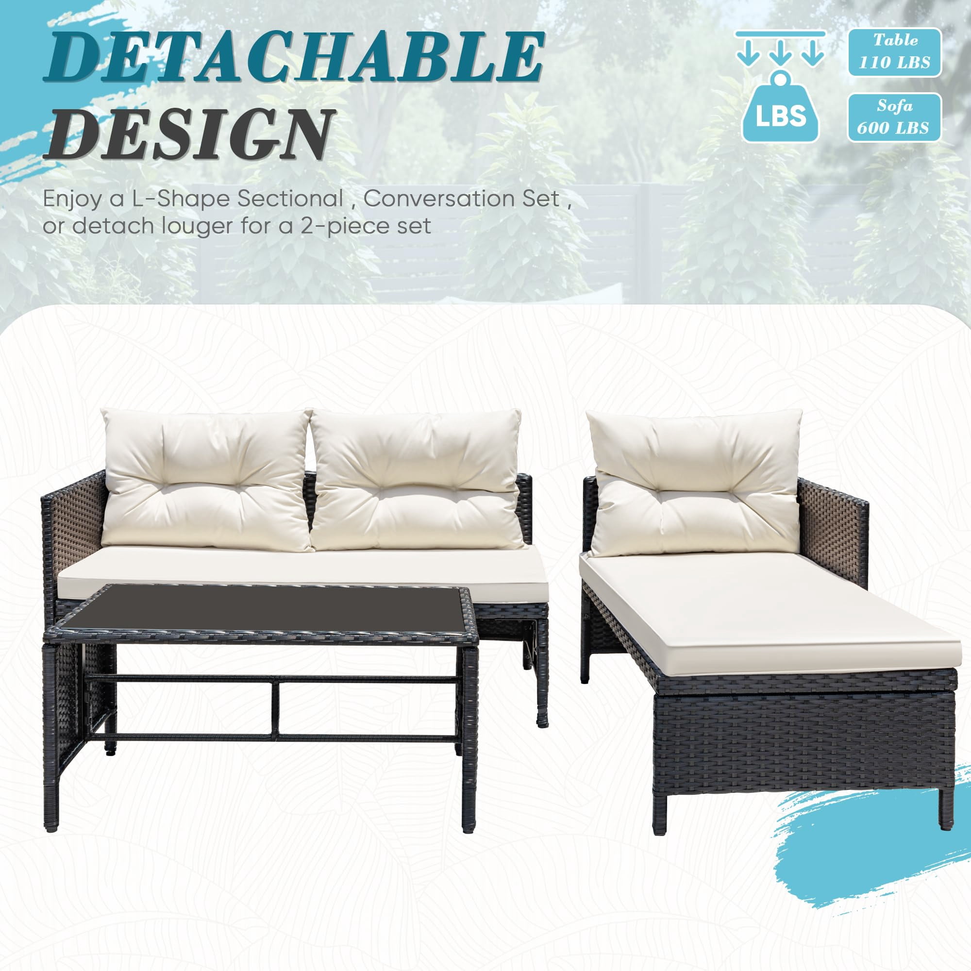 Aukfa Outdoor Patio Wicker Rattan Sectional Sofa with Table & Beige Cushions for Yard, Garden, Porch