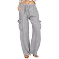 thumbnail image 2 of Hrsba Linen Cargo Pants Women High Waisted Elastic Drawstring Waist Loose Solid Color Long Pants With Pockets, 2 of 7