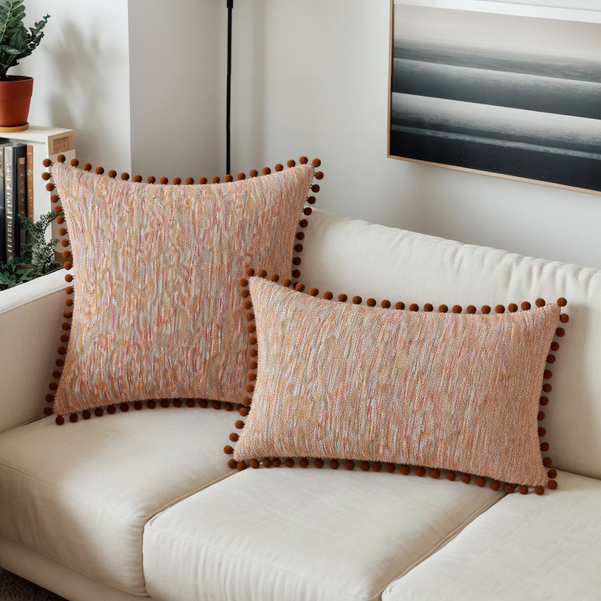 Unique Bargains Pack of 2 Chenille Throw Pillow Covers with Pom-poms 18" x 18" Brown