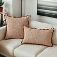 thumbnail image 2 of REGALWOVEN Pack of 2 Chenille Throw Pillow Covers, Boho Decorative Pillow Cases with Pom-poms for Farmhouse Living Room Sofa Brown 20" x 12", 2 of 6