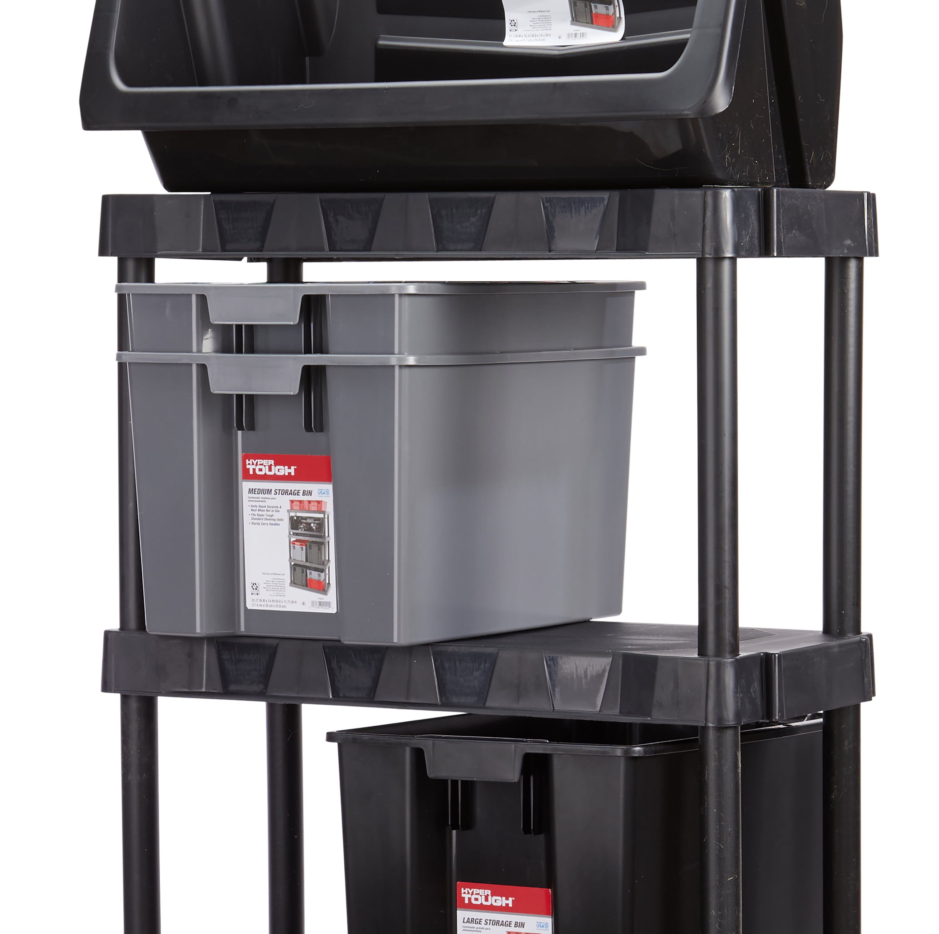 Hyper Tough Garage Plastic Stacking Open Storage Bin, Medium, Gray, No Lid